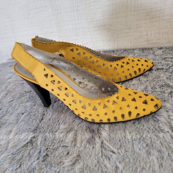 Pancaldi Slingback Heels Womens 9N 3.5" Heel Yellow Cutout Geometric Shapes - Picture 2 of 10